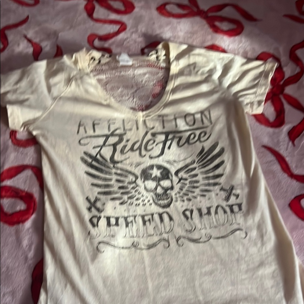 Affliction Cream Tee with Skull and Wings